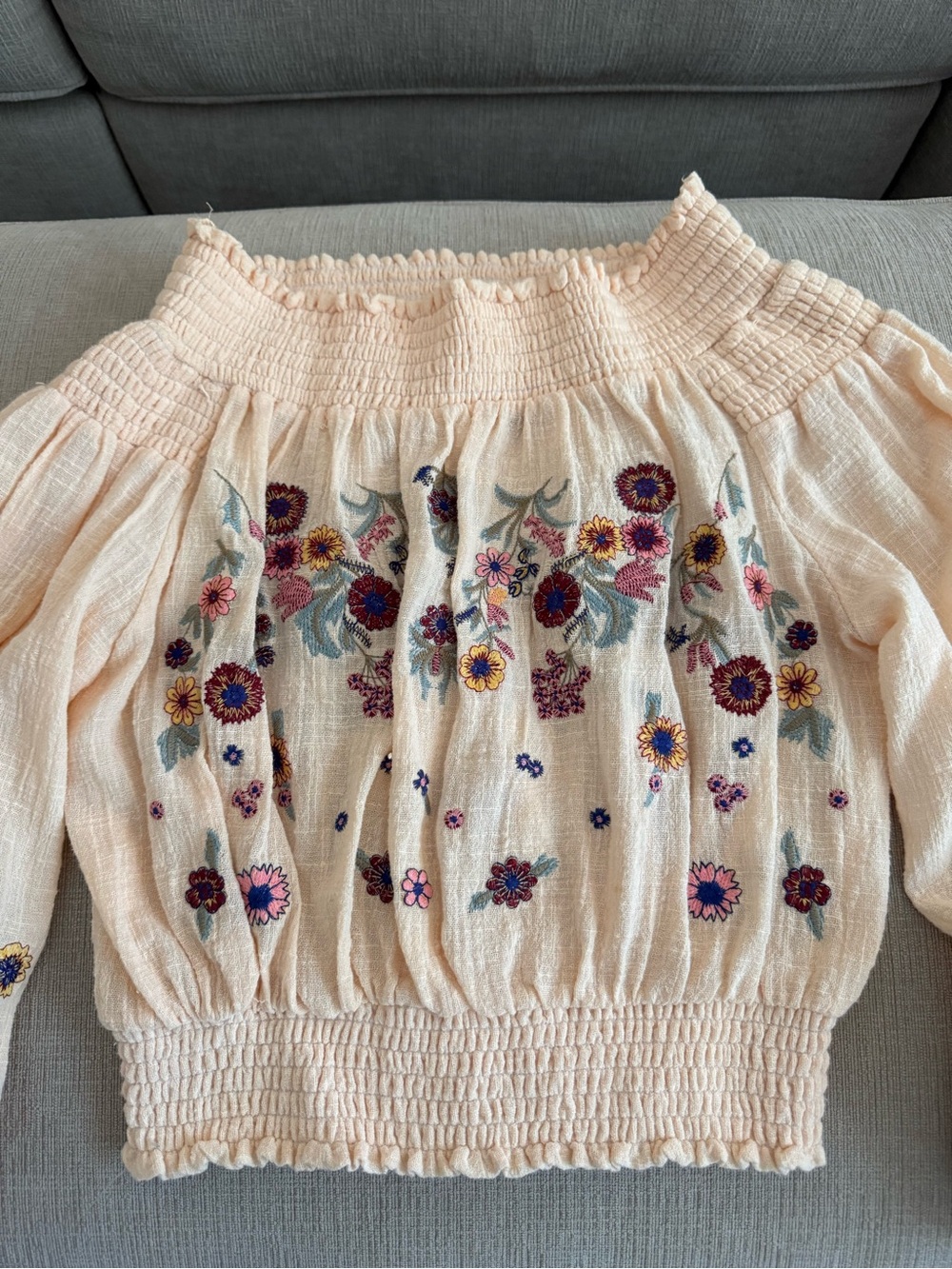 Main Strip Peach Embroidered Off-Shoulder Peasant Top